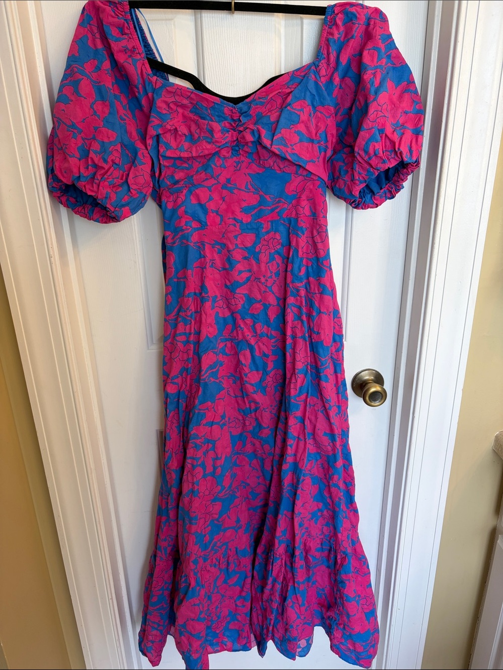 Free the Roses Pink and Blue Puff-Sleeve Maxi Dress